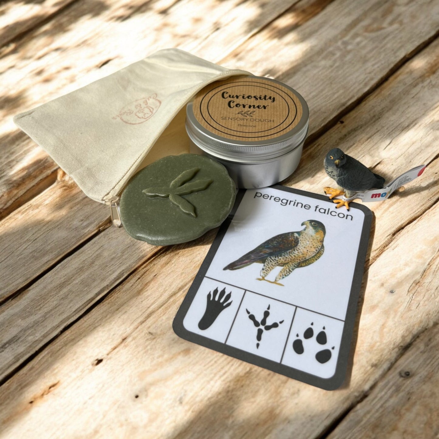 Cub & Bear Discovery Pouch containing Mojo Peregrine Falcon, Curiosity Corner Dough, Yellow Door Let's Investigate stone, & PlayCraftGrow Flashcard