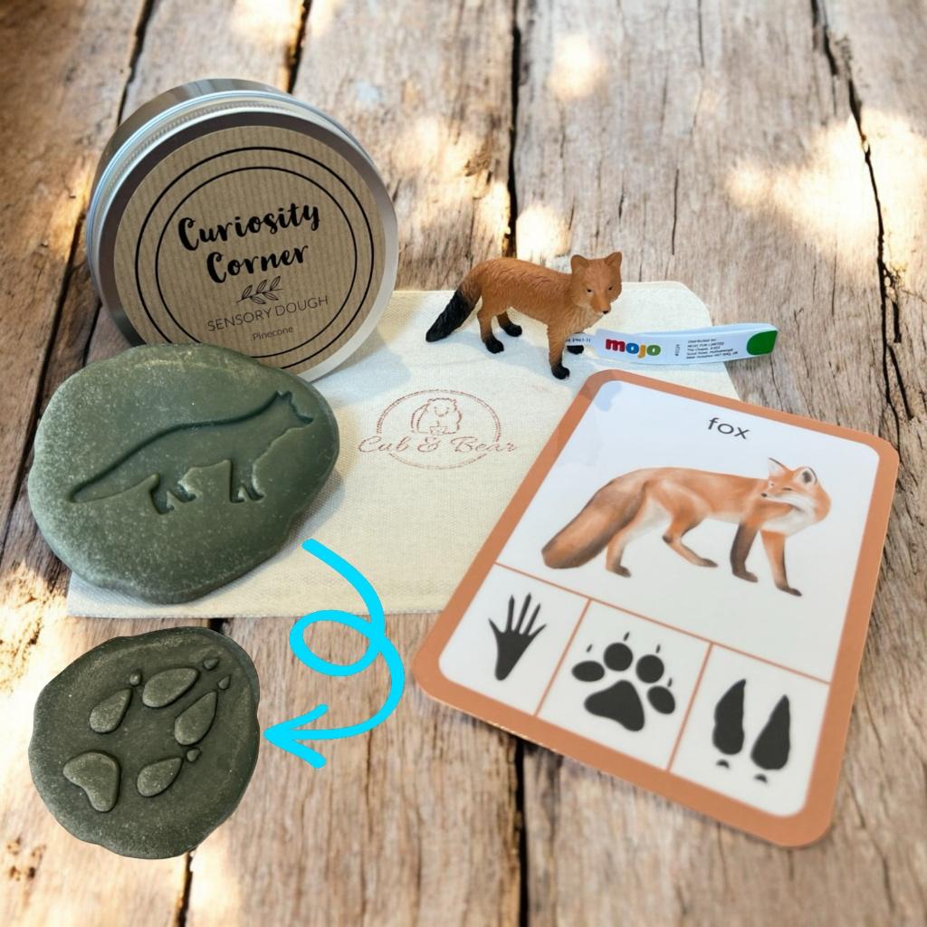 Cub & Bear Discovery Pouch containing Mojo Red Fox, Curiosity Corner Dough, Yellow Door Let's Investigate stone, & PlayCraftGrow Flashcard