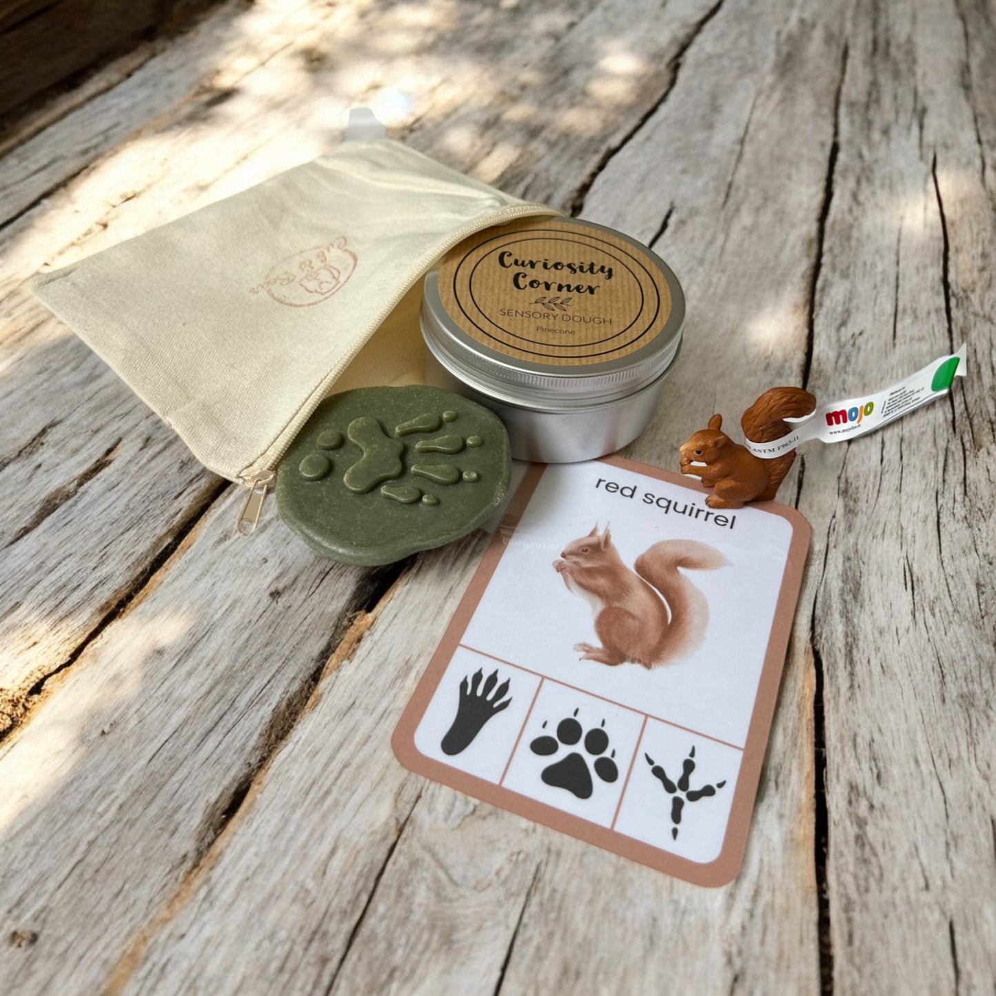 Cub & Bear Discovery Pouch containing Mojo Red Squirrel, Curiosity Corner Dough, Yellow Door Let's Investigate stone, & PlayCraftGrow Flashcard