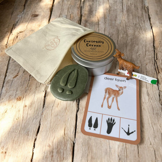 Cub & Bear Discovery Pouch containing Mojo Deer Fawn, Curiosity Corner Dough, Yellow Door Let's Investigate stone, & PlayCraftGrow Flashcard